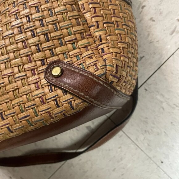FOSSIL Brown Woven Wicker Handbag w/ Wooden Round‎ Handles Leather Trim Y2K Boho - Picture 9 of 16